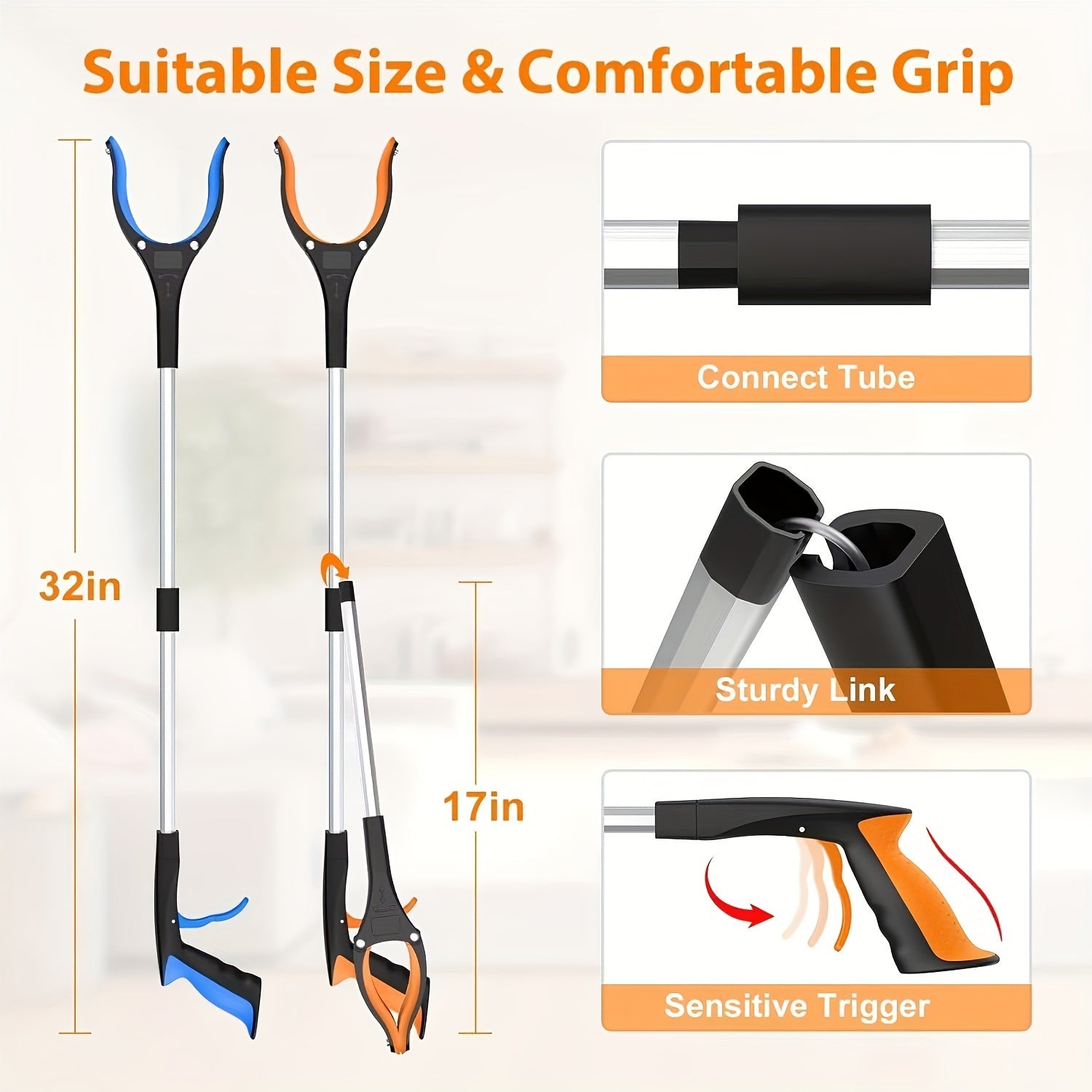2 Foldable Grabber Pick Tools - 33" Long Reach, 360° Rotating Jaw, Strong Magnet, and Ergonomic Grip
