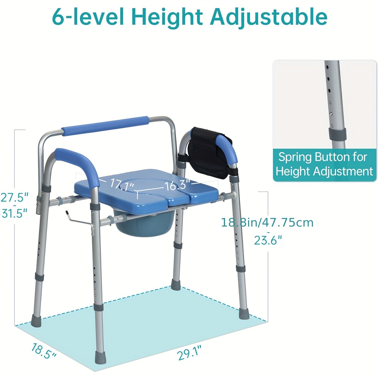 Adjustable Raised Toilet Safety Chair Heavy-Duty With Padded Armrests & Back Support