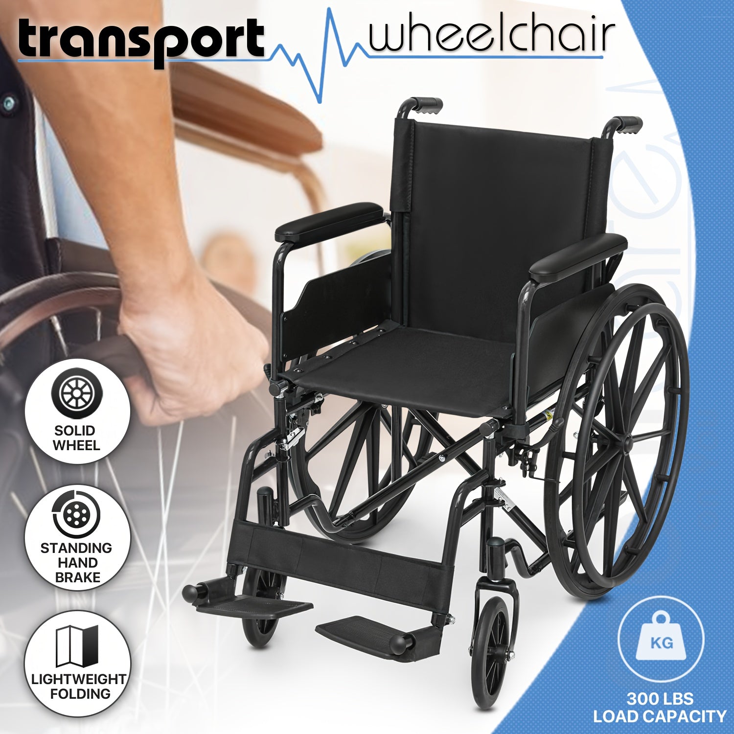 Wheelchair For Adult Transport Flip Back Padded Arms And Detachable Swing Away Footrests