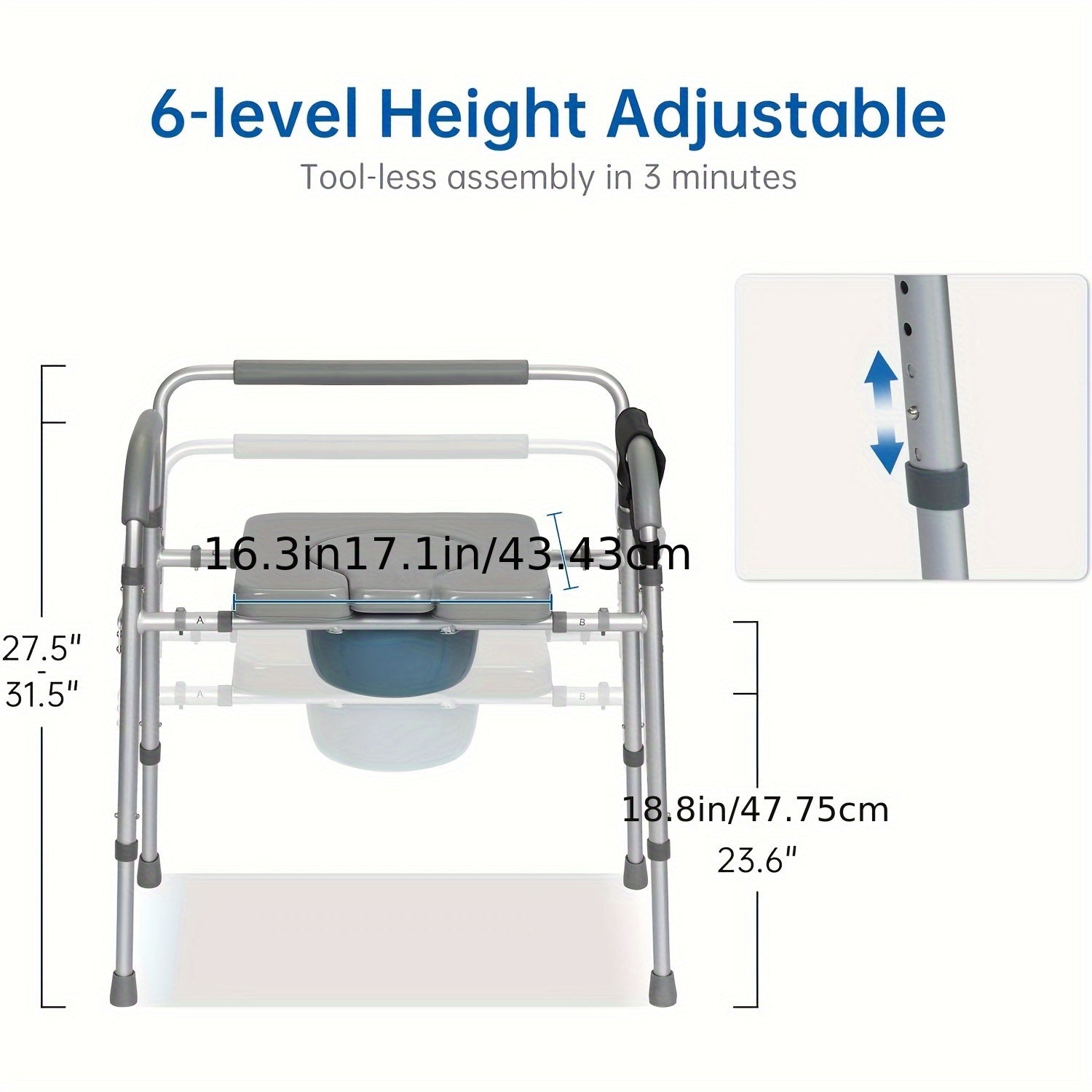 Adjustable Raised Toilet Safety Chair Heavy-Duty With Padded Armrests & Back Support