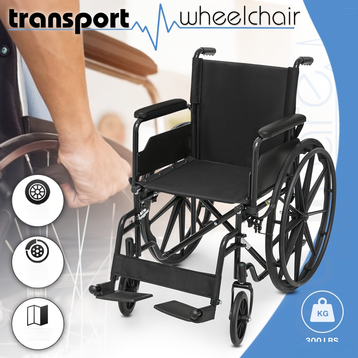 Wheelchair For Adult Transport Flip Back Padded Arms And Detachable Swing Away Footrests